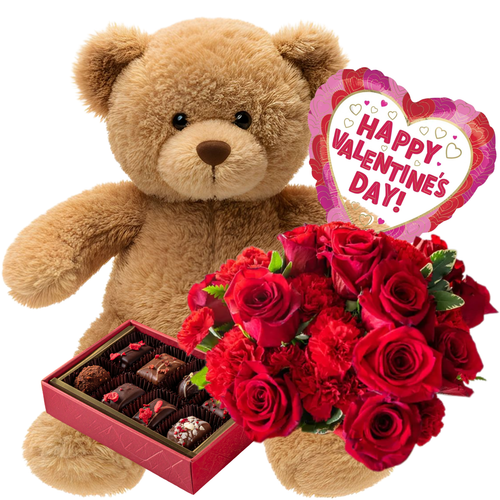 I Be-Leaf In Us Valentine’s Bundle with red farm fresh roses, carnations, plush bear, chocolates, and mylar balloon, Phoenix Flower Market