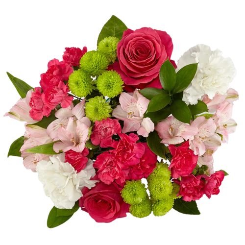 Pink Punch farm fresh bouquet with hot pink roses, pink carnations, light pink lilies, and green button poms in a vase, Phoenix Flower Market