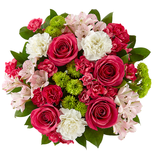 Pink Punch farm fresh bouquet with hot pink roses, pink carnations, light pink lilies, and green button poms in a vase, Phoenix Flower Market