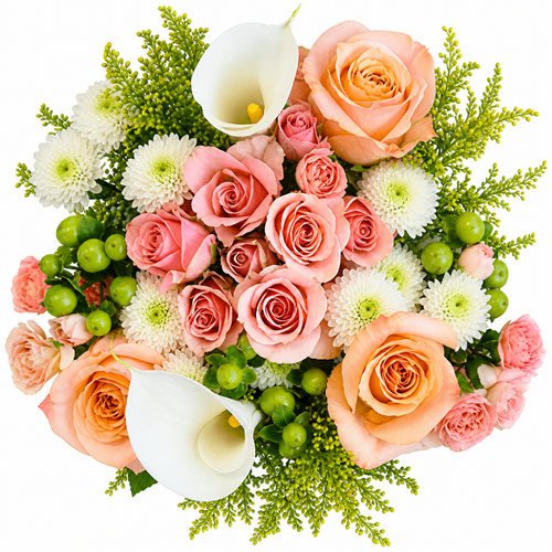 Just Peachy farm fresh bouquet with peach roses, white mini calla lilies, green berries, and soft seasonal blooms in a vase, Phoenix Flower Market
