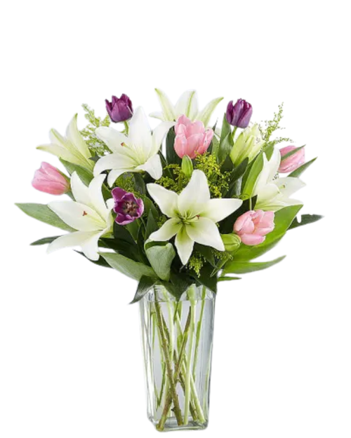 Petals of Spring lily and tulip arrangement with white lilies pink and purple tulips in glass vase – flower delivery Phoenix Arizona