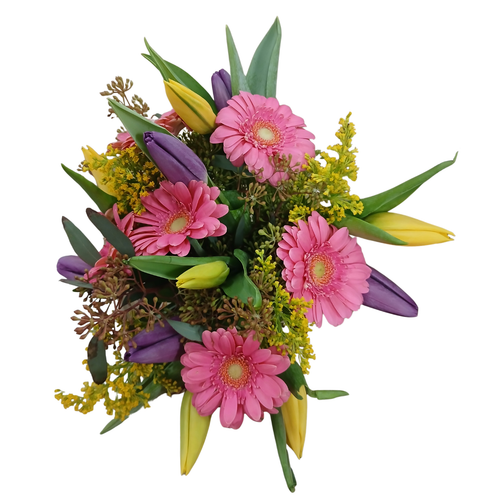 Garden Tulip Sunshine farm fresh bouquet with pink gerbera daisies yellow tulips purple tulips solidago and seeded eucalyptus – flower delivery Phoenix Arizona