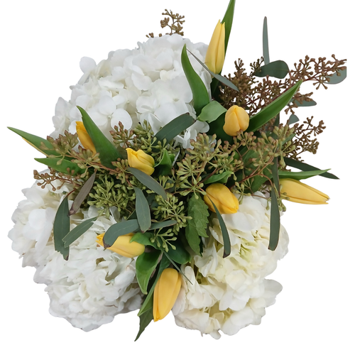 Golden Garden Tulips farm fresh bouquet with yellow tulips white hydrangea and eucalyptus – tulip bouquet Phoenix Arizona