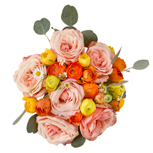 Blush & Sunshine Ranunculus Bouquet with peach roses, ranunculus, chamomile, and eucalyptus in Phoenix