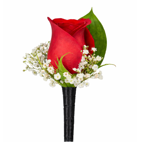 Red rose boutonniere with baby’s breath and black ribbon wrap from Arizona Flower Market Phoenix