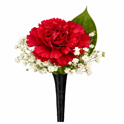 Red carnation boutonniere with baby’s breath and ribbon wrap from Arizona Flower Market Phoenix