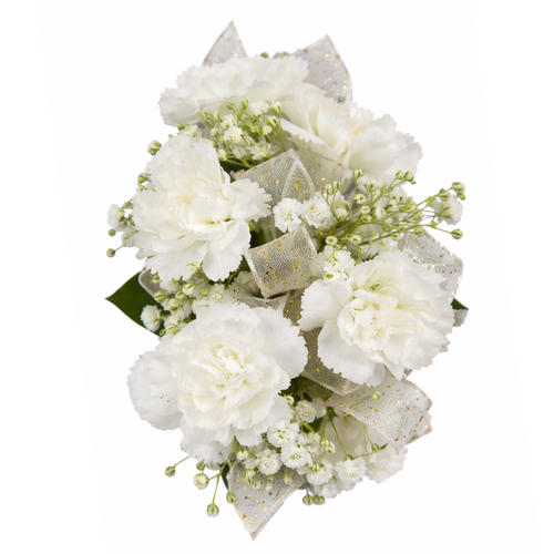 Mini carnation wrist corsage with ribbon bow and baby’s breath from Arizona Flower Market Phoenix