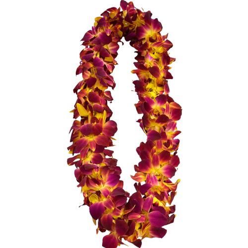 Maroon and gold orchid lei for graduation, ASU color lei in Phoenix