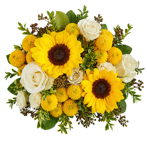 Meadow Belle Farm Fresh Bouquet with sunflowers, white roses, spray roses, and seeded eucalyptus in Phoenix Arizona