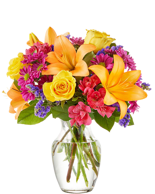 Bright Escape arrangement with yellow roses, orange lilies, hot pink alstroemeria, and purple blooms in Phoenix Arizona