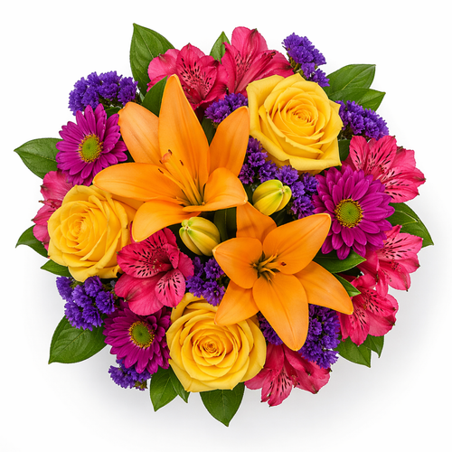 Island Pop Farm Fresh Bouquet with yellow roses, orange lilies, hot pink alstroemeria, and purple blooms in Phoenix Arizona