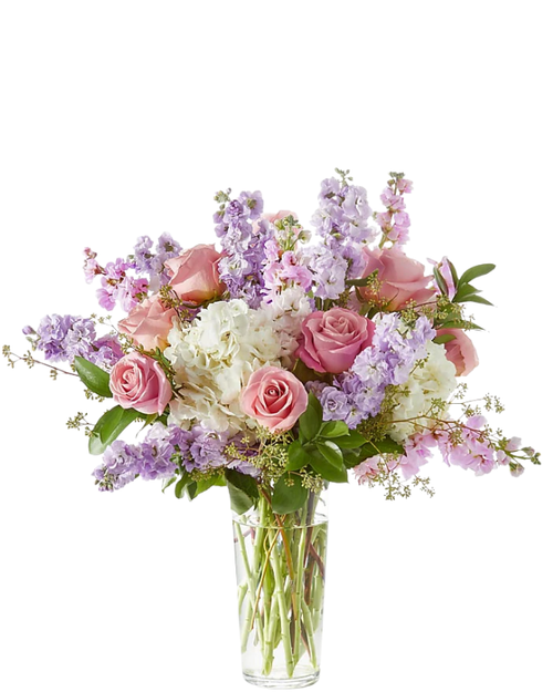 Petal Poetry arrangement with pink roses, white hydrangea, lavender stock, and seeded eucalyptus in Phoenix Arizona