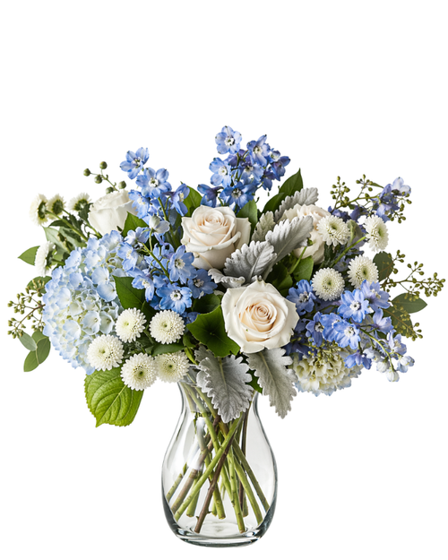 Sea Glass floral arrangement with white roses, blue hydrangea, light blue delphinium, and dusty miller in Phoenix Arizona