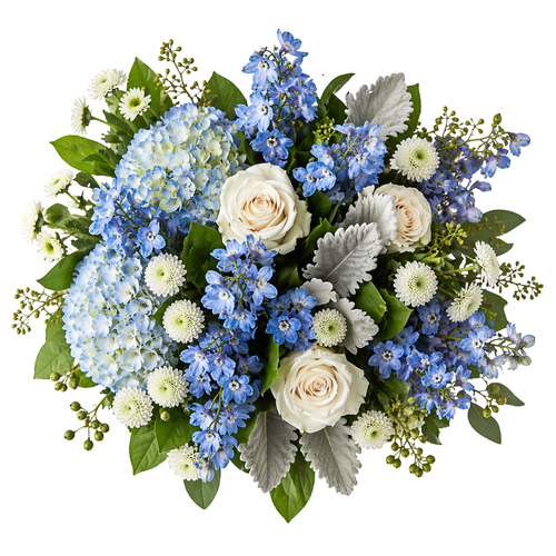 Coastal Calm Farm Fresh Bouquet with white roses, blue hydrangea, light blue delphinium, and dusty miller in Phoenix Arizona