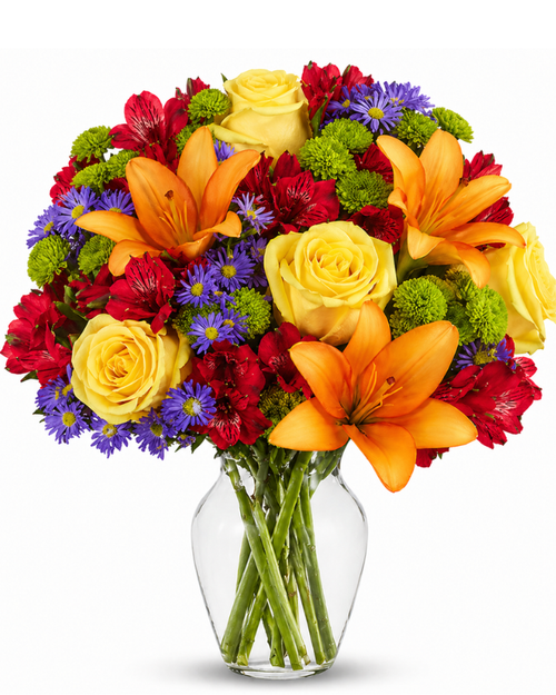 Radiant Wishes florist arrangement with yellow roses, orange lilies, red alstroemeria, and purple accents in Phoenix Arizona