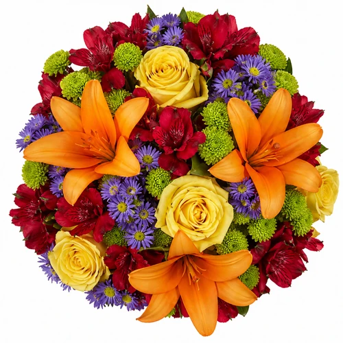 Sunburst Mix Farm Fresh Bouquet with yellow roses, orange lilies, red alstroemeria, and purple accents in Phoenix Arizona