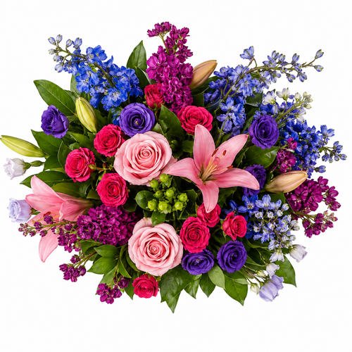 Blooming Melody Farm Fresh Bouquet with pink roses, purple roses, lilies, blue delphinium, and stock in Phoenix Arizona