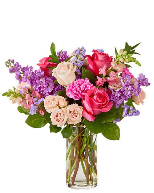 Blush & Berry florist arrangement with pink roses, snapdragons, purple stock, carnations, and statice in Phoenix Arizona