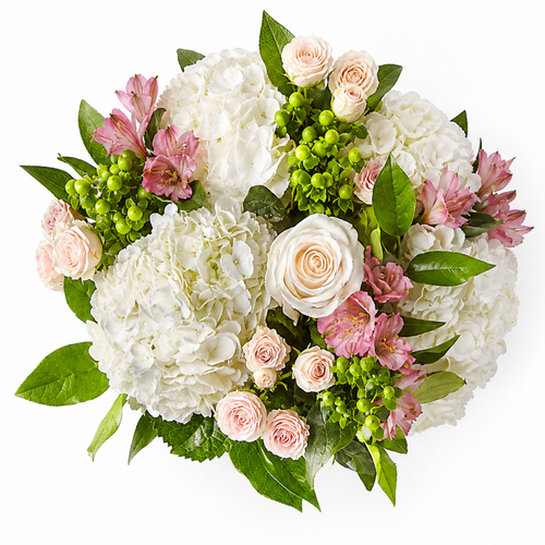 Soft & Blush Farm Fresh Bouquet with white hydrangea, blush roses, alstroemeria, and green hypericum in Phoenix Arizona