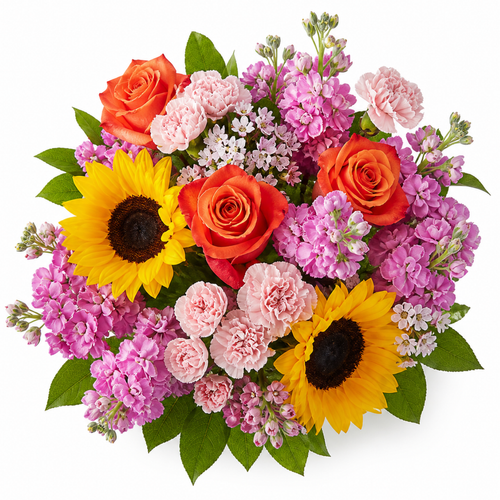 Bright Day Blooms Farm Fresh Bouquet with sunflowers, orange roses, pink stock, carnations, and dianthus in Phoenix Arizona