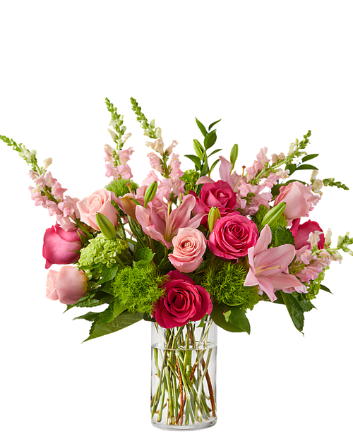 Sugar Rush pink rose and lily vase arrangement with green hydrangea and snapdragons in Phoenix Arizona