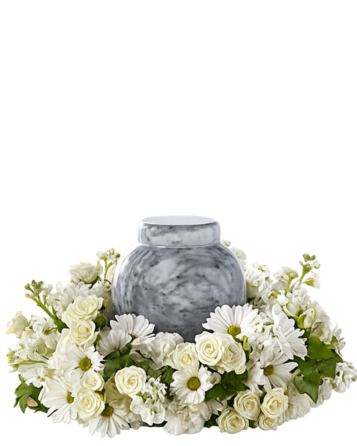 White Serenity Urn Surround with ivory roses and white daisies for a Phoenix memorial service