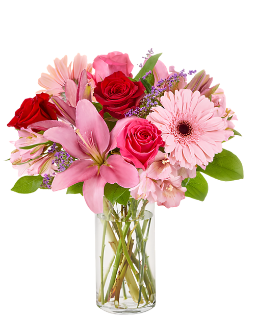 Pink Radiance arrangement with red and hot pink roses, pink lilies, light pink gerbera daisies and limonium in a clear glass vase