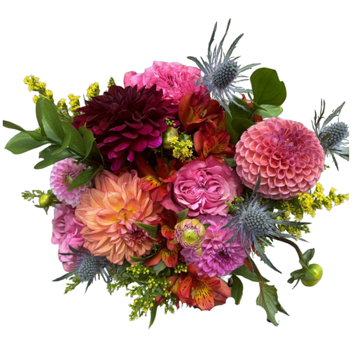 Dahlia Gem bouquet with pink, peach, and burgundy dahlias, lavender rose, alstroemeria, solidago, thistle, and greenery – Arizona Flower Market Phoenix AZ