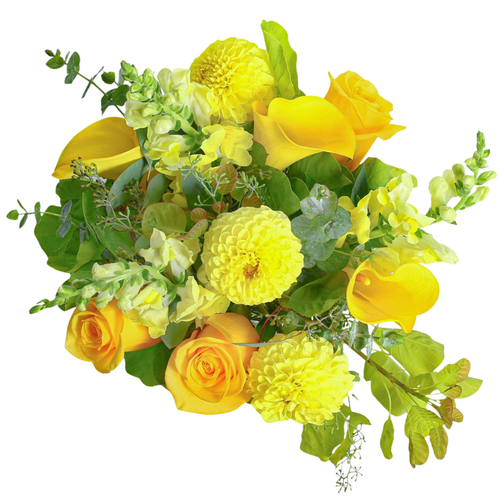 Golden Dahlia bouquet with yellow dahlias, roses, snapdragons, mini callas, and seeded eucalyptus – Arizona Flower Market Phoenix AZ