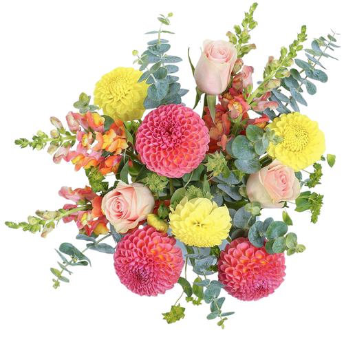 Dahlia Joy bouquet with yellow and pink dahlias, roses, snapdragons, bupleurum, and eucalyptus – Arizona Flower Market Phoenix AZ