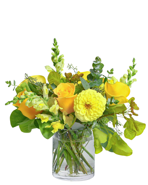 Dahlia Sunshine bouquet with yellow dahlias, roses, snapdragons, and callas Phoenix AZ