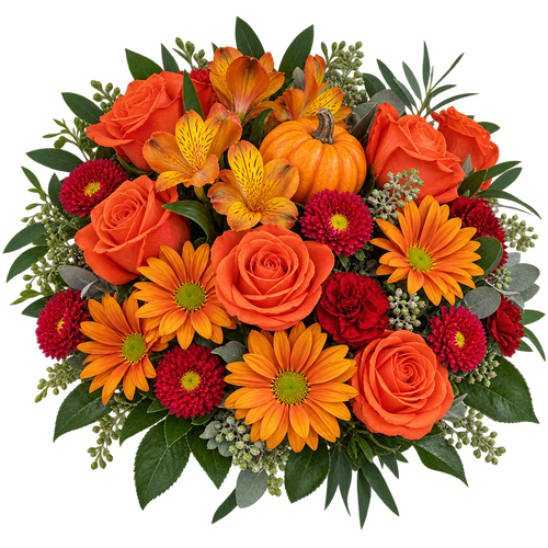 Crisp Fall Days bouquet with orange roses, orange daisies, red blooms, and a pumpkin pick at Arizona Flower Market in Phoenix.