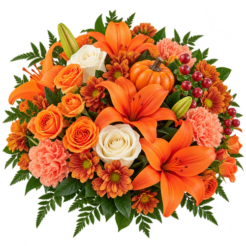 Autumn Abundance bouquet with orange lilies, white roses, peach carnations, and a pumpkin pick at Arizona Flower Market in Phoenix.