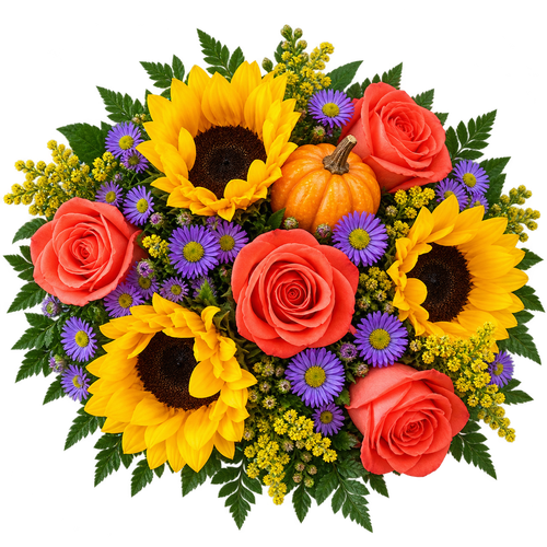 Patch of Sunshine bouquet with sunflowers, orange roses, purple asters, and a pumpkin pick at Arizona Flower Market in Phoenix.