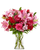Mayra floral arrangement with hot pink roses, red spray roses, pink lilies, and carnations in a clear glass vase, Phoenix florist