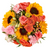 Farm fresh bouquet with sunflowers, pink carnations, spray roses, and craspedia in Phoenix AZ