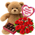 A Dozen Reasons Valentine’s Bundle with a dozen farm fresh roses, baby’s breath, plush bear, chocolates, and mylar balloon, Phoenix Flower Market