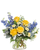 Morning Sky florist arrangement with yellow roses, blue delphinium, white statice, and greenery in Phoenix Arizona