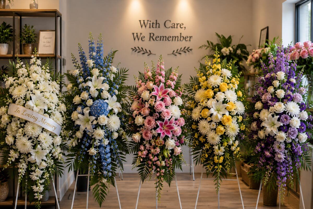 Different funeral standing flower sprays displayed inside a flower shop with elegant white, blue, pink, yellow, and purple floral designs.