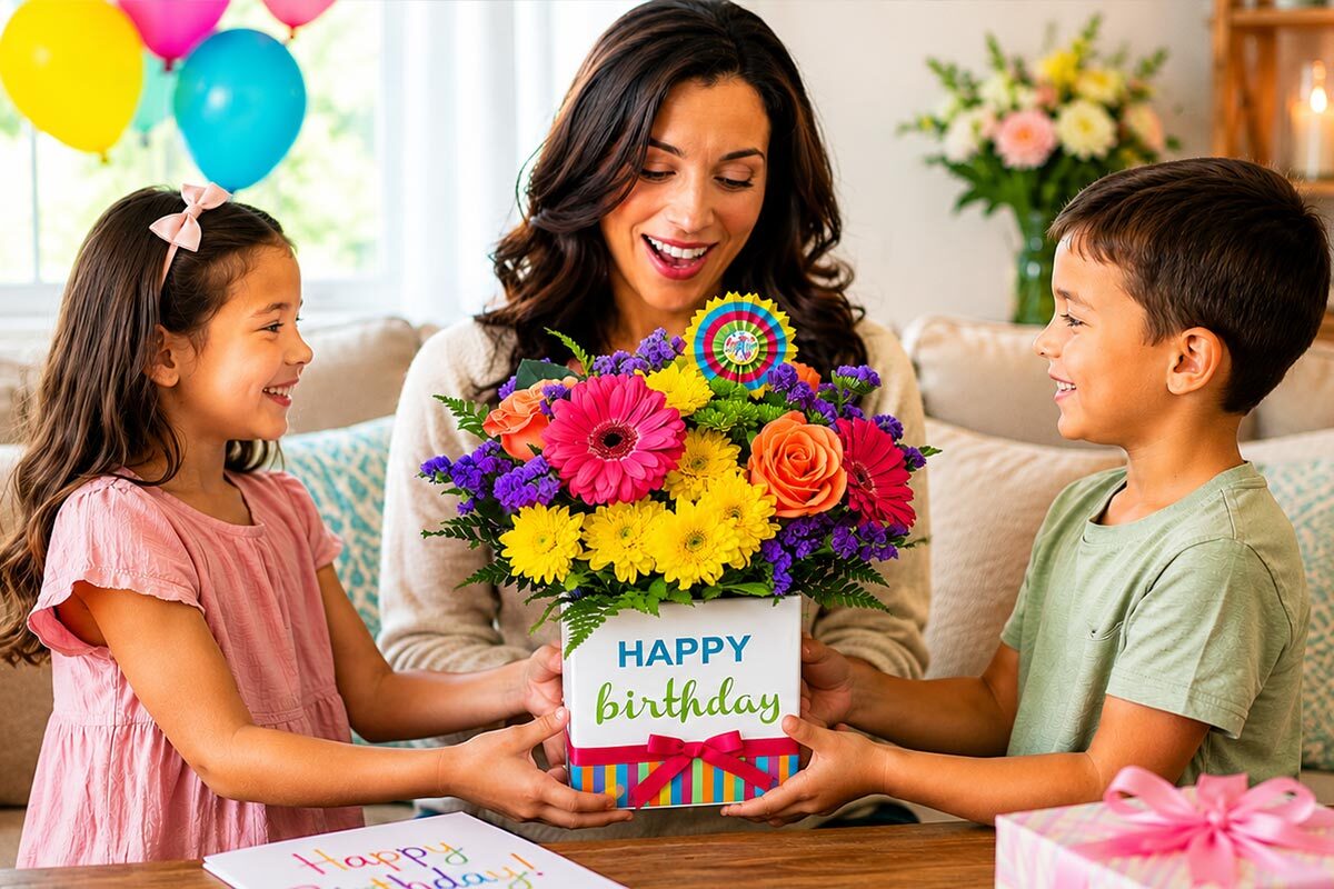 Children giving a colorful birthday flower arrangement to their smiling mother in a cozy living room decorated with balloons and gifts.