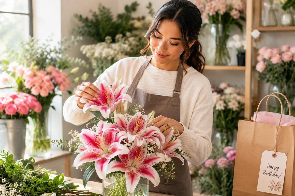 Florist arranging a pink stargazer lily bouquet for a birthday flower order inside a bright flower shop filled with fresh floral arrangements and wrapping supplies.