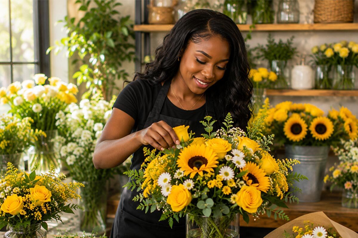 Beautiful Black florist arranging vibrant yellow sunflower and rose bouquets inside a bright, modern flower shop filled with fresh blooms and greenery.