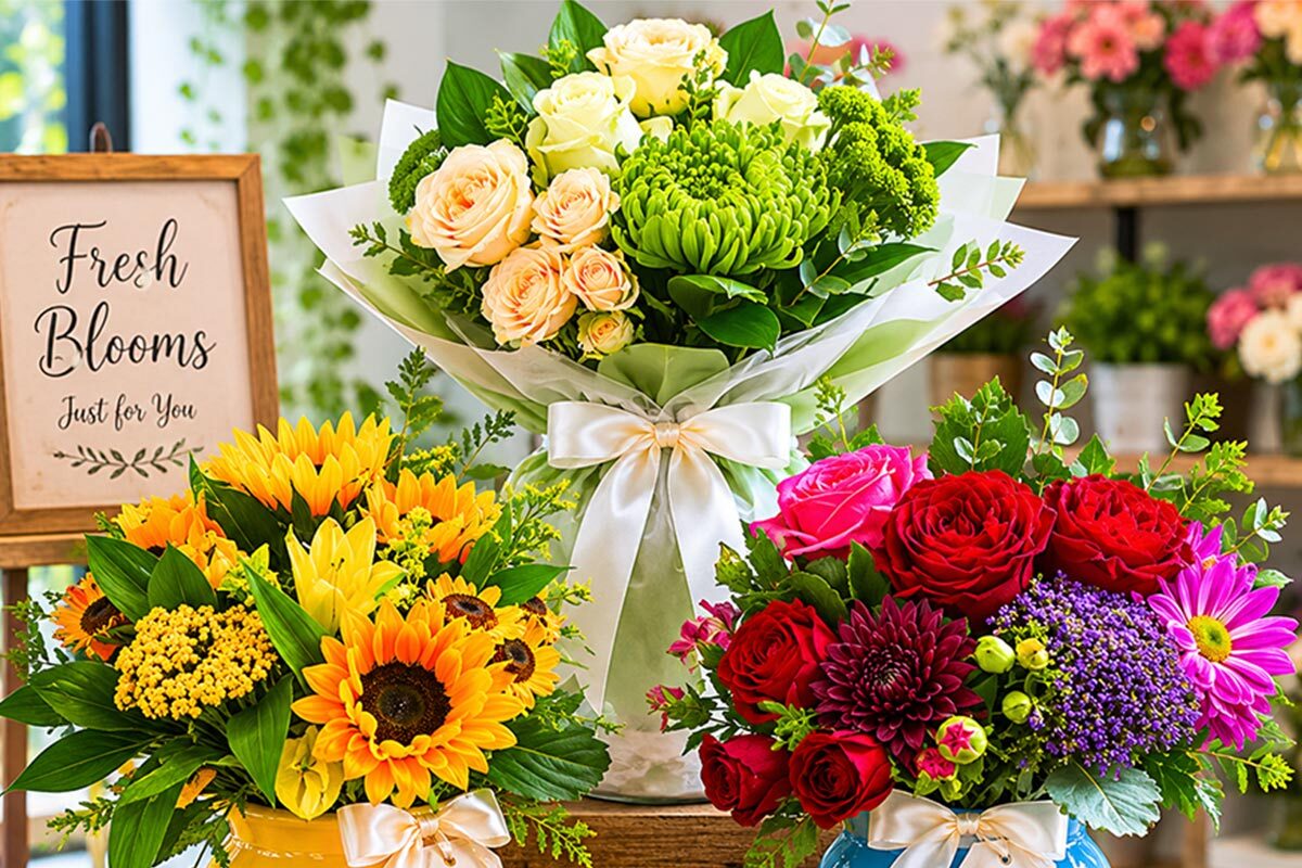 Colorful flower arrangements with sunflowers, roses, and mixed blooms displayed on a wooden table inside a cozy flower shop.