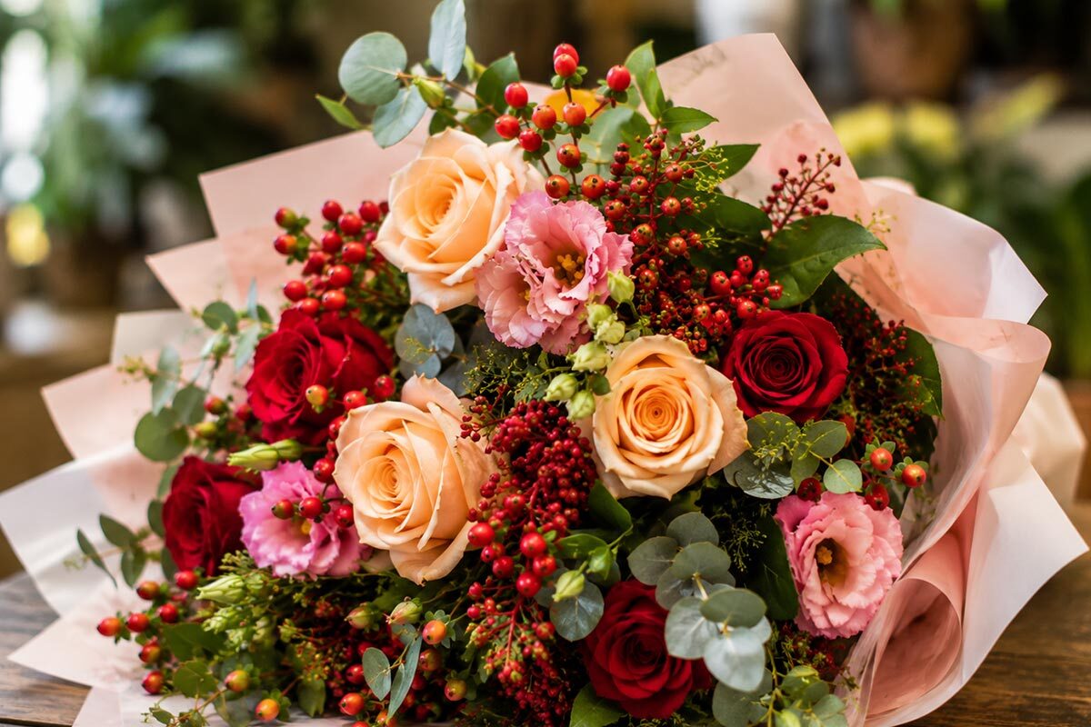 Elegant bouquet of roses and seasonal flowers with red berries wrapped in soft pink paper on a wooden table.