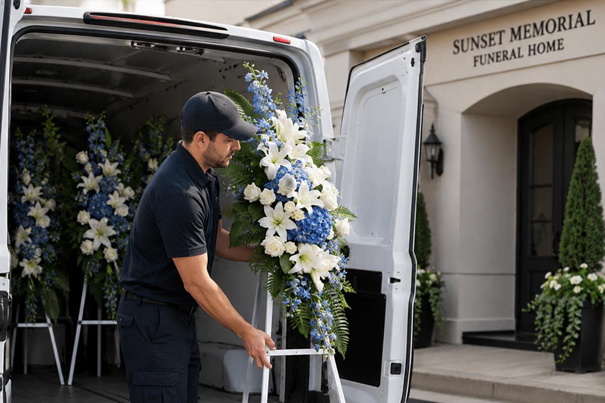 Delivery man unloading a blue and white funeral standing spray from a van outside a funeral home.