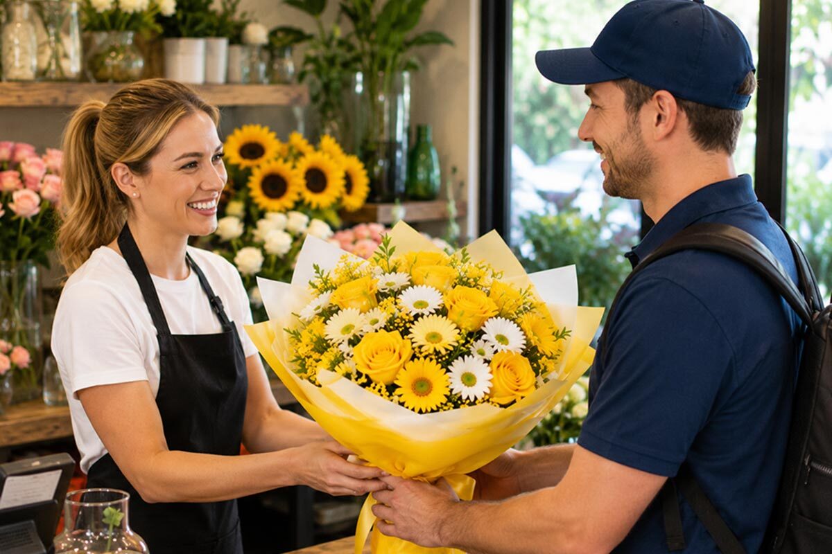 Florist handing a bright yellow flower bouquet with roses and daisies to a delivery man inside a warm, modern flower shop.