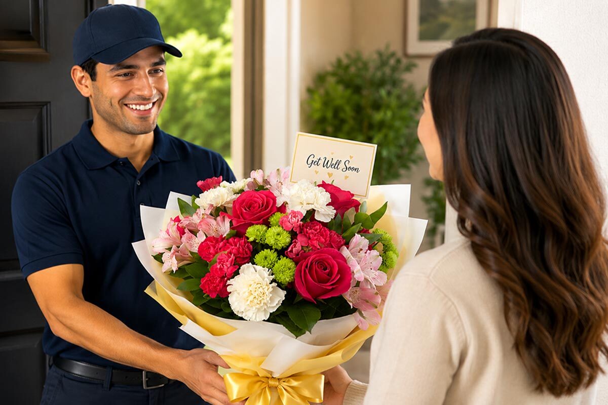 Delivery man handing a colorful get well flower bouquet wrapped in white and yellow paper to a smiling woman at her front door.