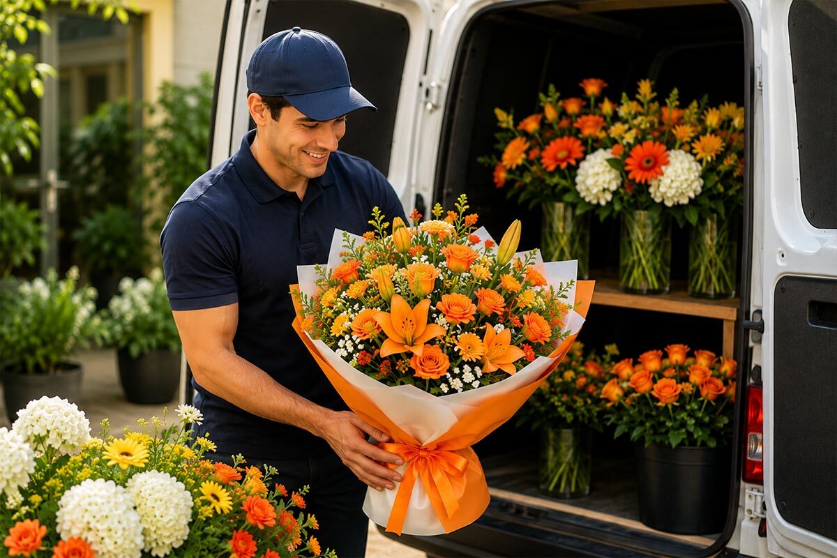 Delivery man unloading a large orange flower bouquet wrapped in white and orange paper from a florist van filled with vibrant floral arrangements.