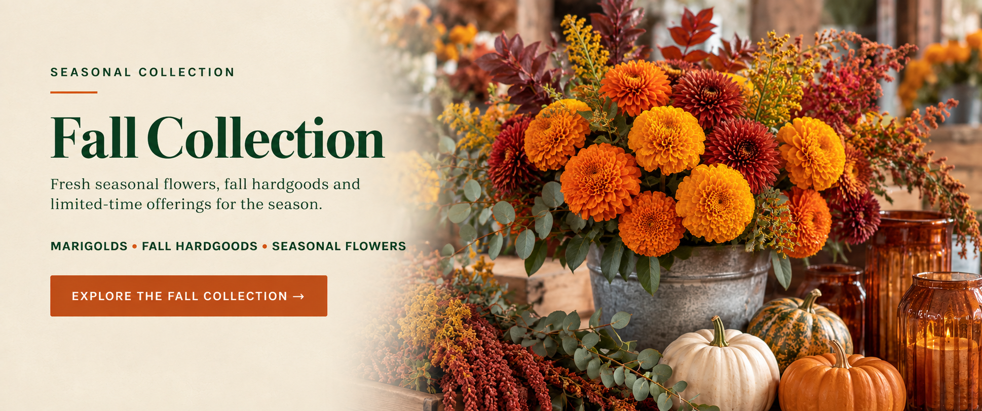 Fall Wholesale Collection - seasonal flowers, marigolds and fall hardgoods at Arizona Flower Market