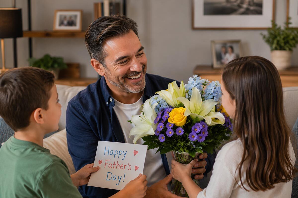 Smiling father receiving a blue and white wrapped bouquet of lilies, roses, and purple flowers from his children in a cozy living room for Father’s Day.